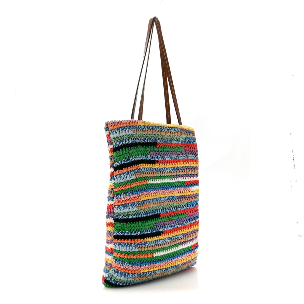 Cotton Crochet Stripe Vertical Tote Bag Multicolor