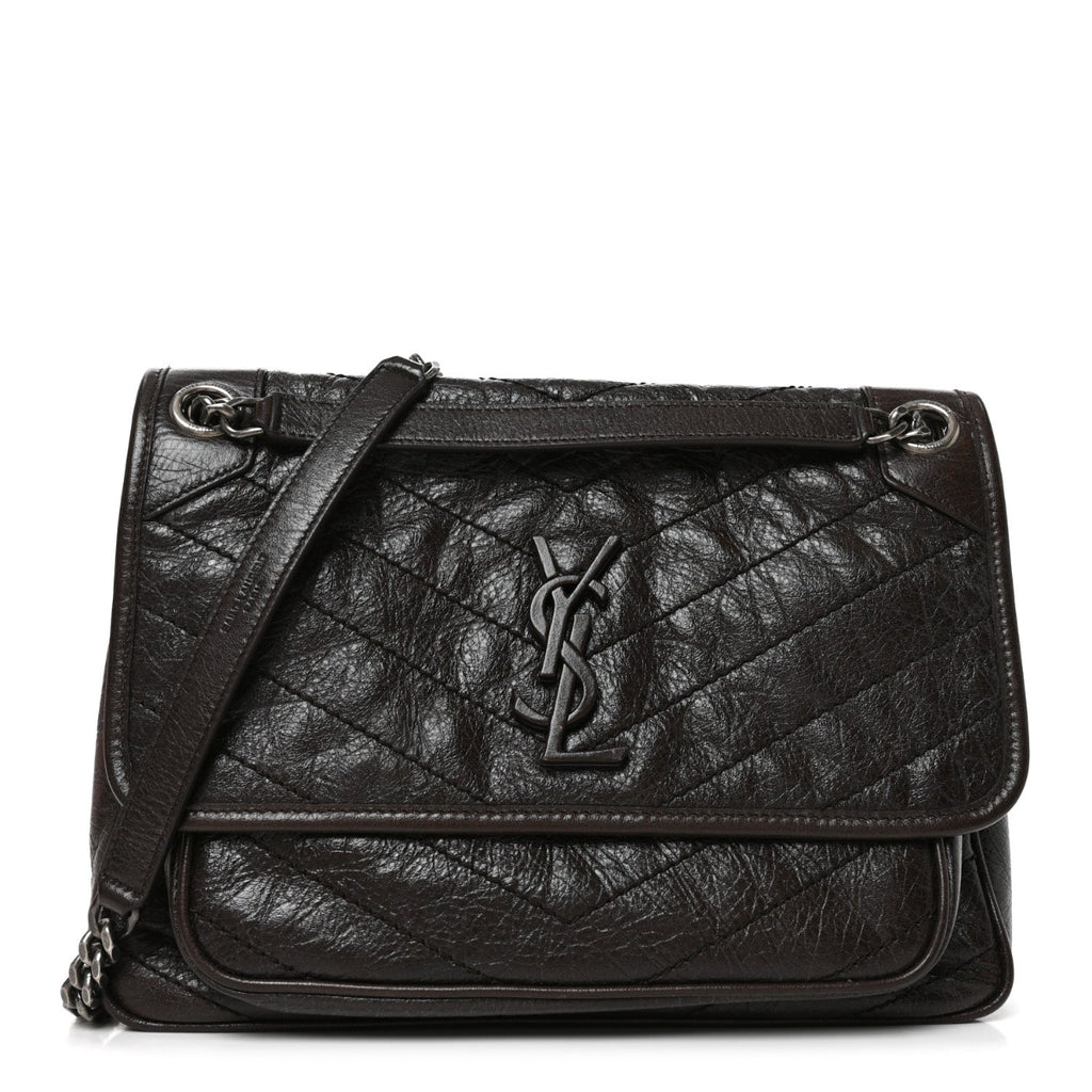 Crinkled Calfskin Matelasse Monogram Medium Niki Chain Satchel Moka