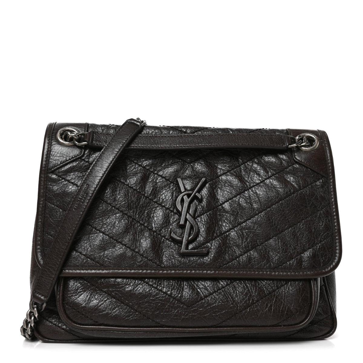 Crinkled Calfskin Matelasse Monogram Medium Niki Chain Satchel Moka