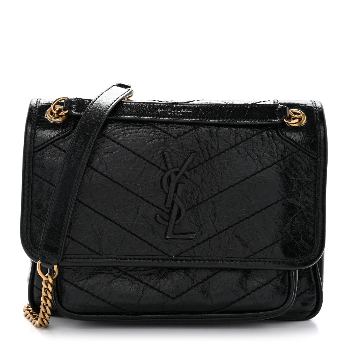 Crinkled Lambskin Matelasse Monogram Baby Niki Chain Satchel Black