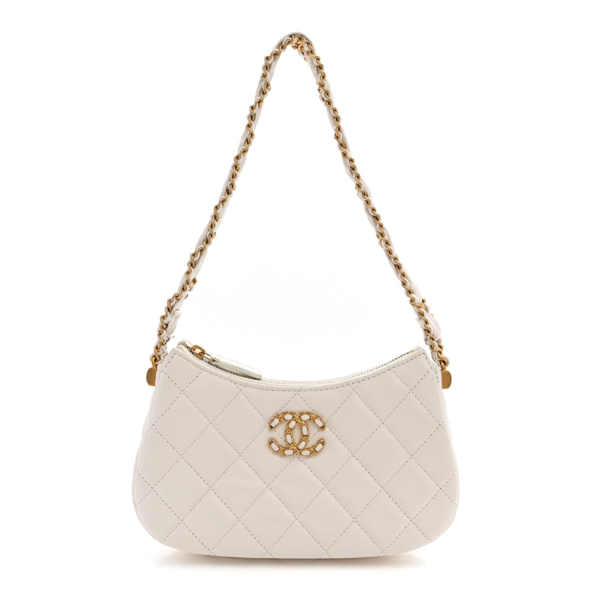 Crumpled Calfskin Quilted Braided CC Small Hobo White