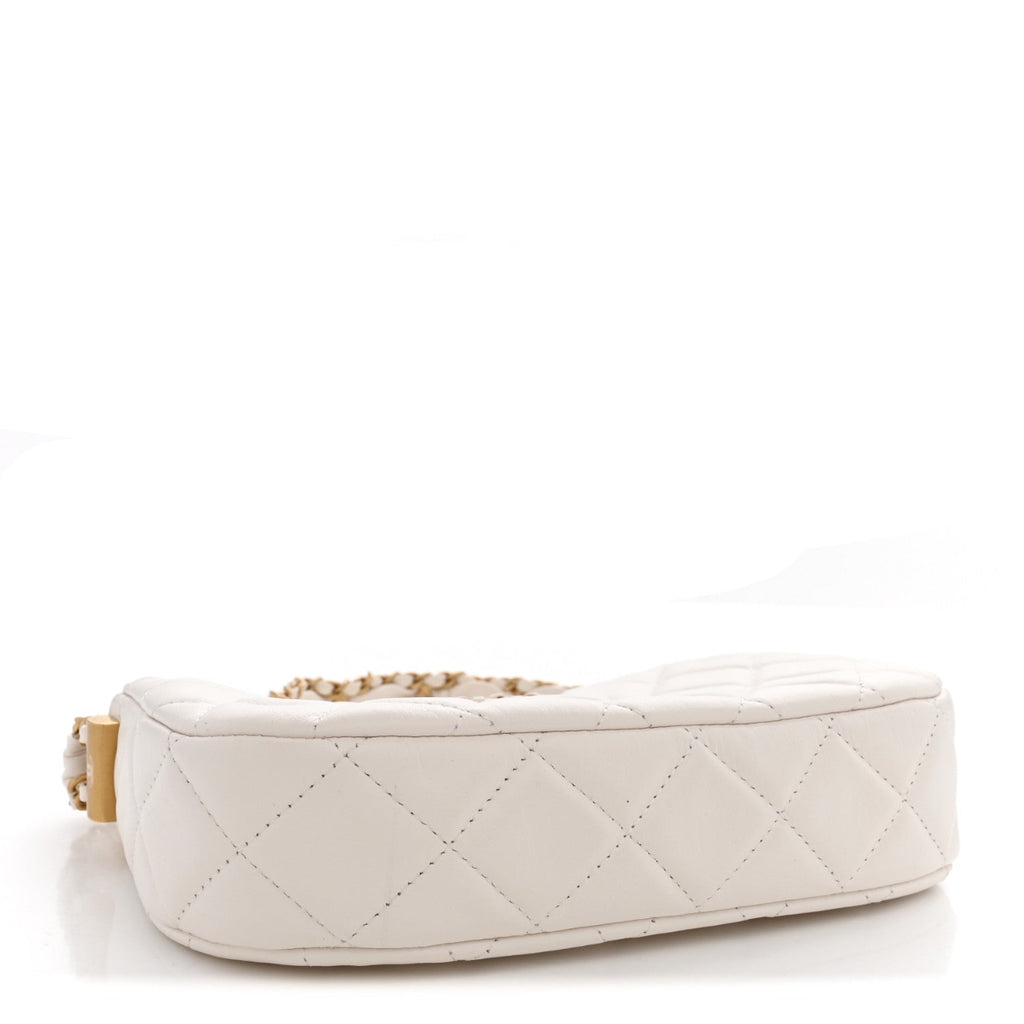Crumpled Calfskin Quilted Braided CC Small Hobo White