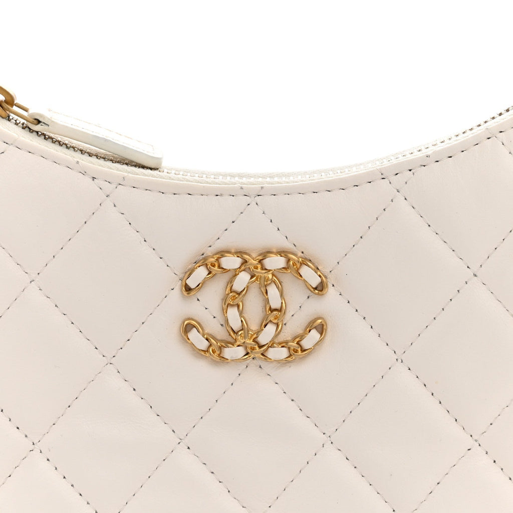 Crumpled Calfskin Quilted Braided CC Small Hobo White