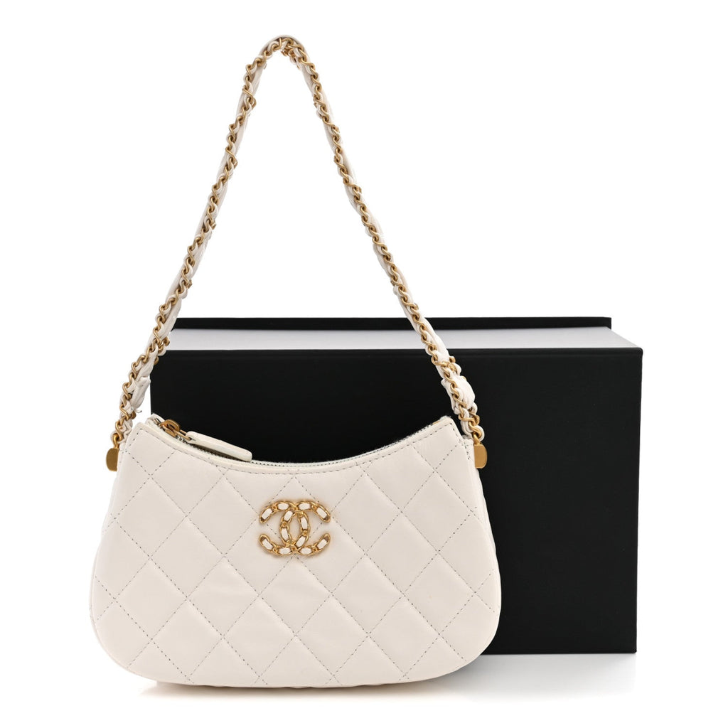 Crumpled Calfskin Quilted Braided CC Small Hobo White