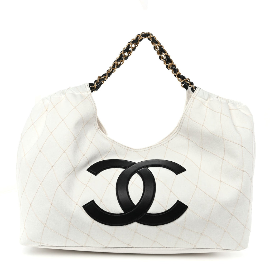 Denim Calfskin Quilted Coco Beach Small Shopping Tote White Black