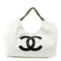 Denim Calfskin Quilted Coco Beach Small Shopping Tote White Black