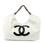 Denim Calfskin Quilted Coco Beach Small Shopping Tote White Black