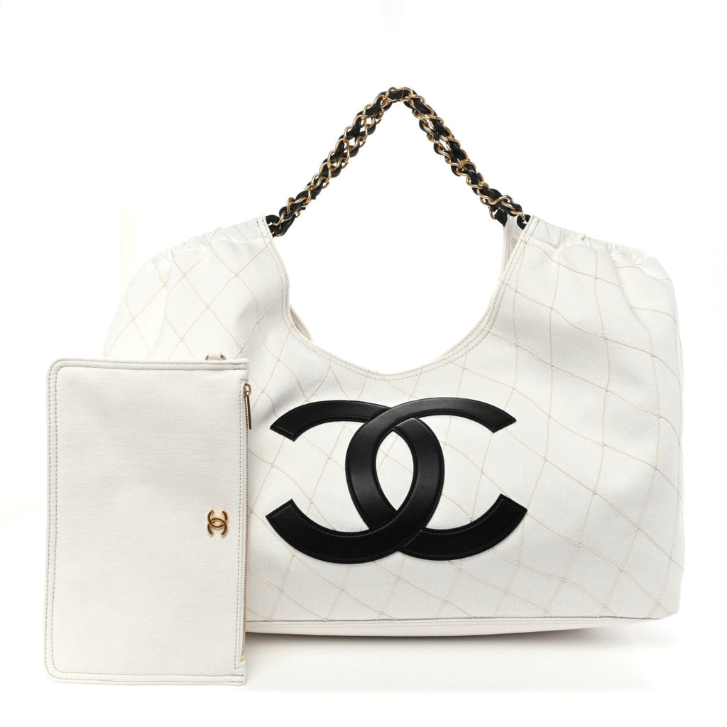 Denim Calfskin Quilted Coco Beach Small Shopping Tote White Black
