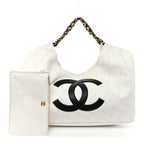 Denim Calfskin Quilted Coco Beach Small Shopping Tote White Black