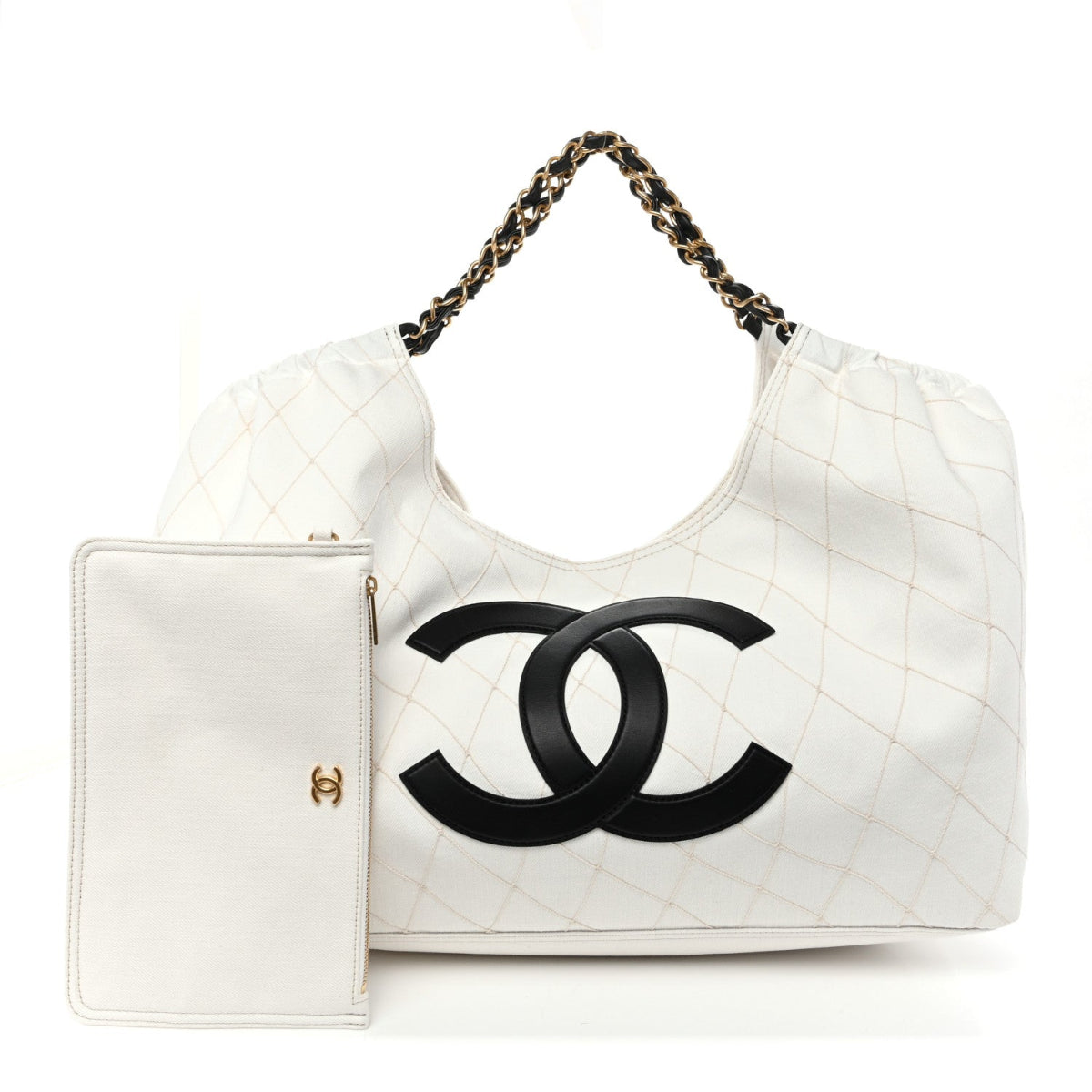 Denim Calfskin Quilted Coco Beach Small Shopping Tote White Black