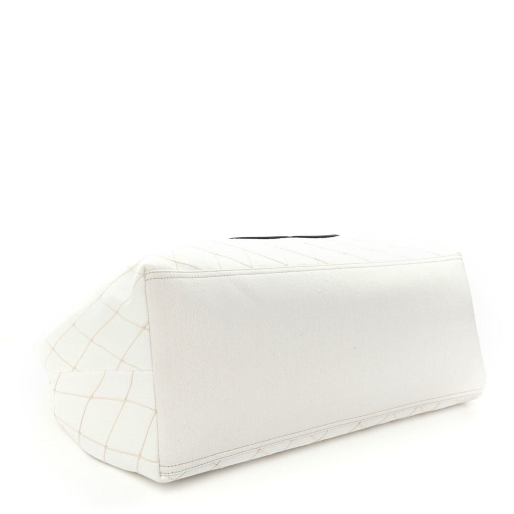 Denim Calfskin Quilted Coco Beach Small Shopping Tote White Black