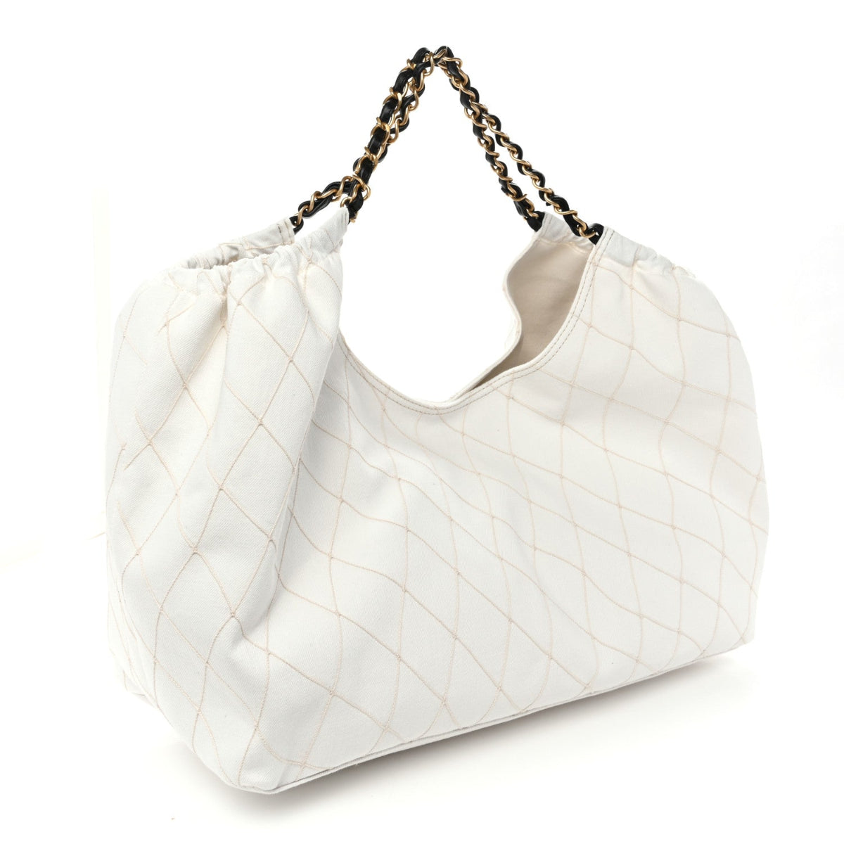Denim Calfskin Quilted Coco Beach Small Shopping Tote White Black