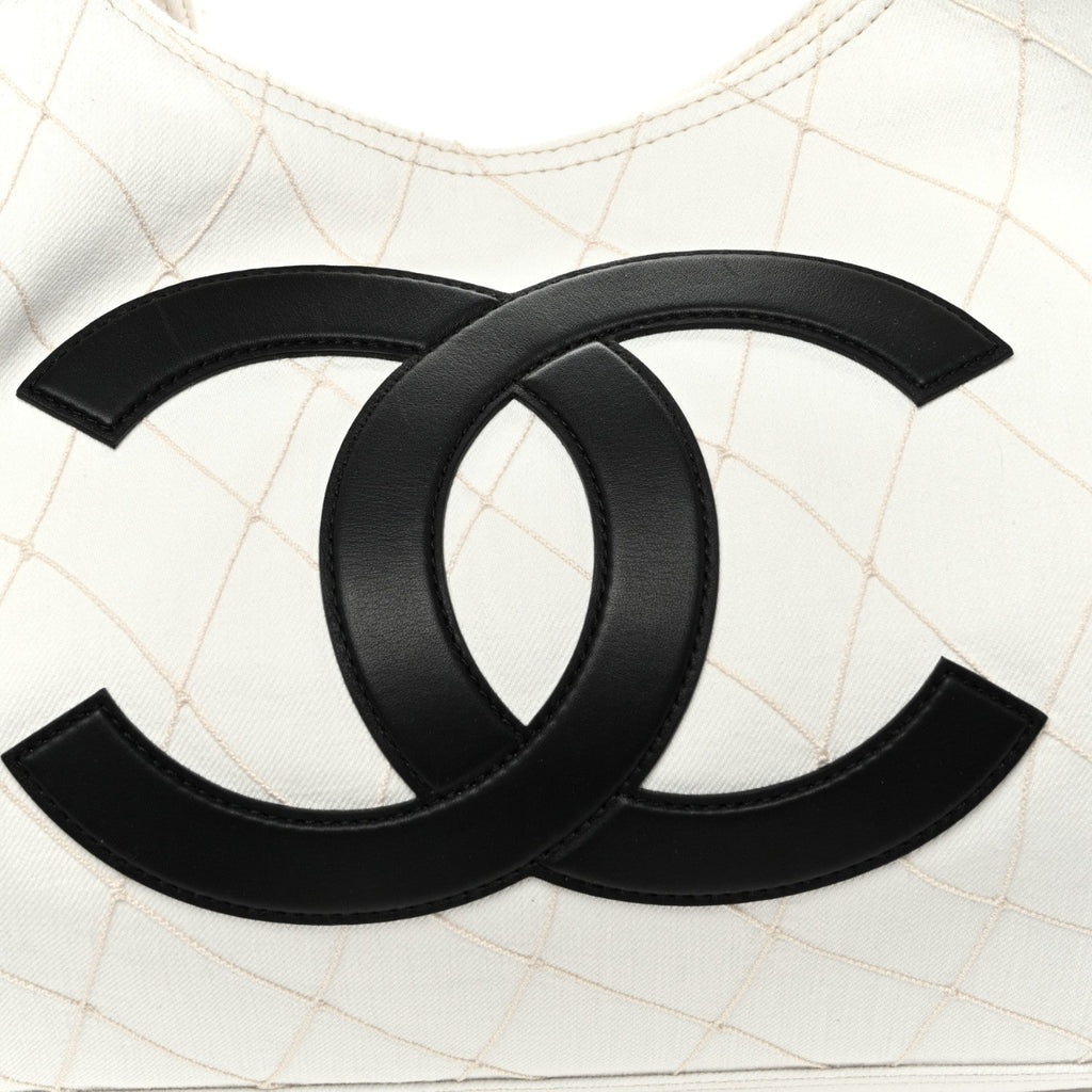 Denim Calfskin Quilted Coco Beach Small Shopping Tote White Black