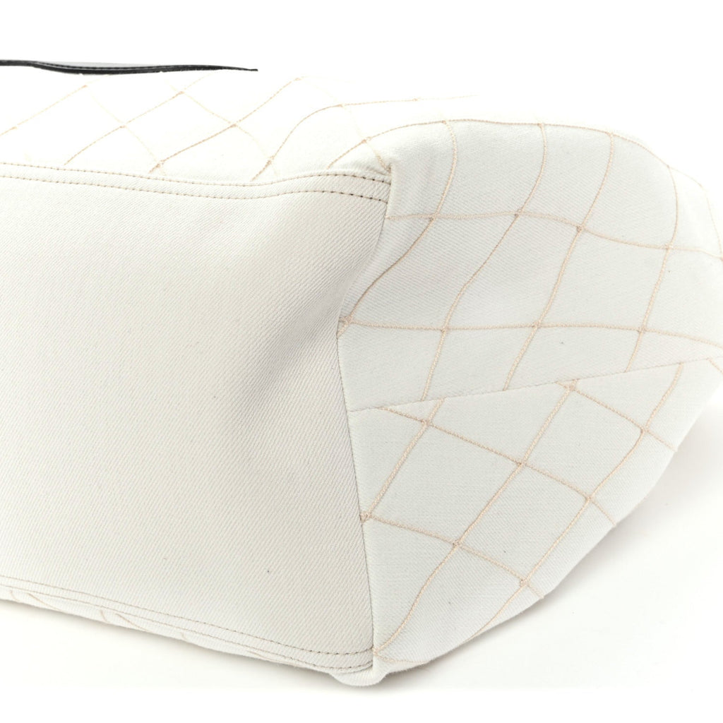 Denim Calfskin Quilted Coco Beach Small Shopping Tote White Black