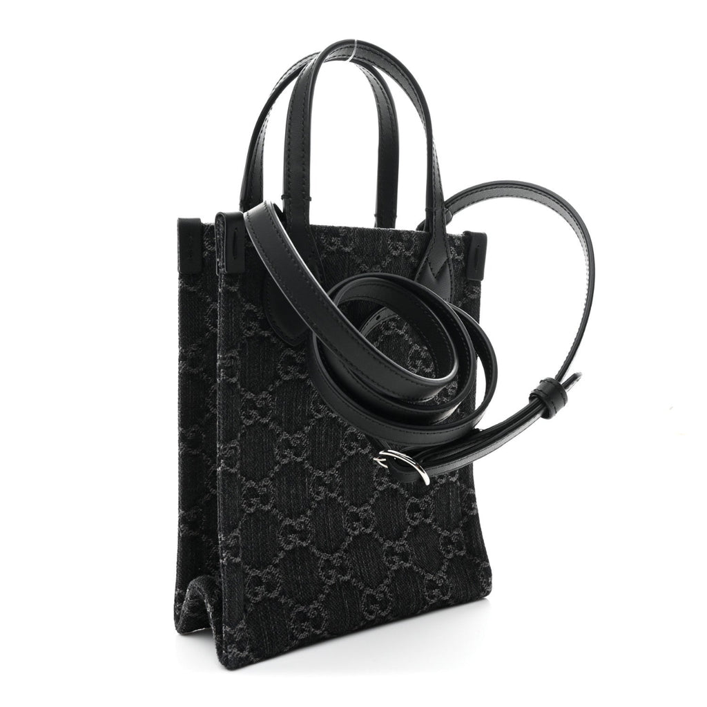 Denim Cuoio Harness GG Monogram Mini Ophidia Tote Bag Black Medium Grey