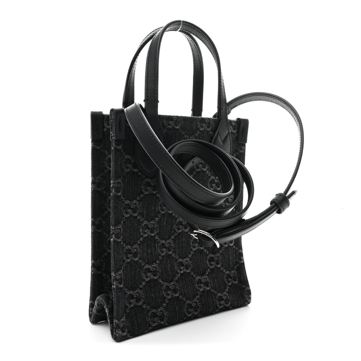 Denim Cuoio Harness GG Monogram Mini Ophidia Tote Bag Black Medium Grey