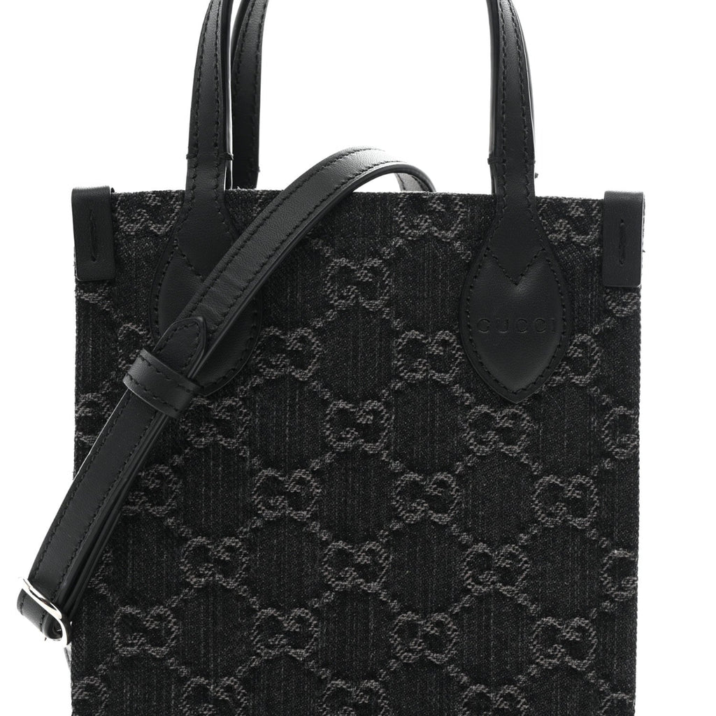 Denim Cuoio Harness GG Monogram Mini Ophidia Tote Bag Black Medium Grey