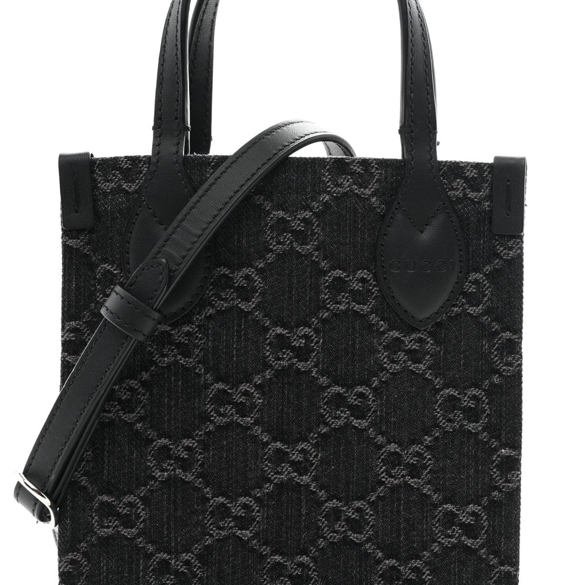 Denim Cuoio Harness GG Monogram Mini Ophidia Tote Bag Black Medium Grey