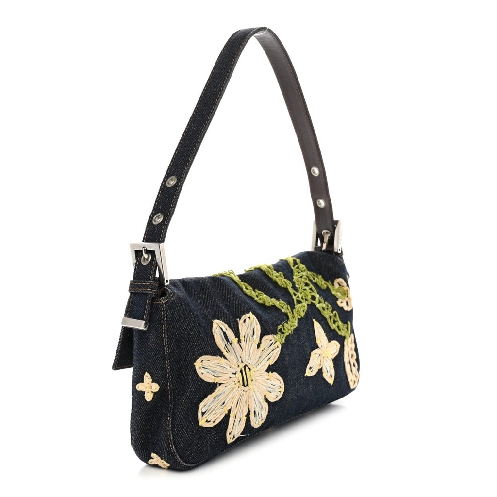 Denim Flower Applique Baguette Blue