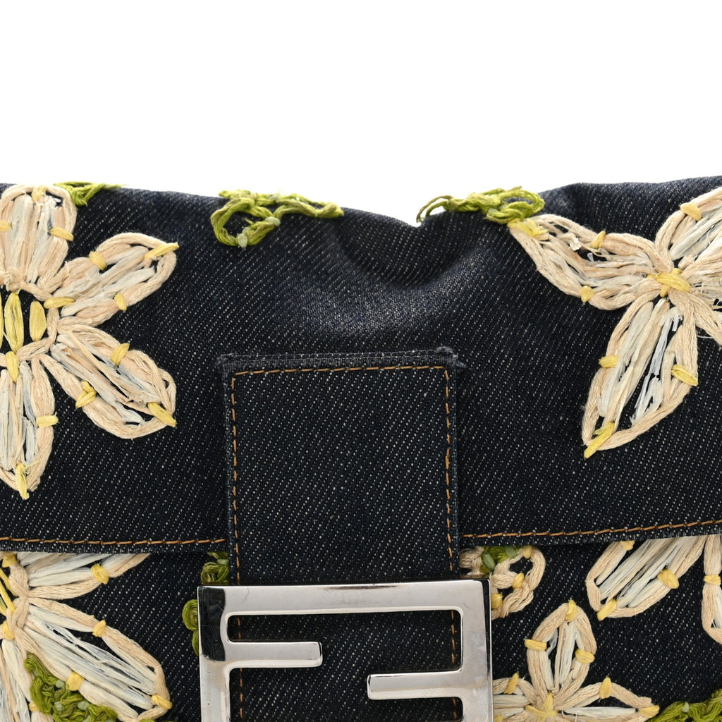 Denim Flower Applique Baguette Blue