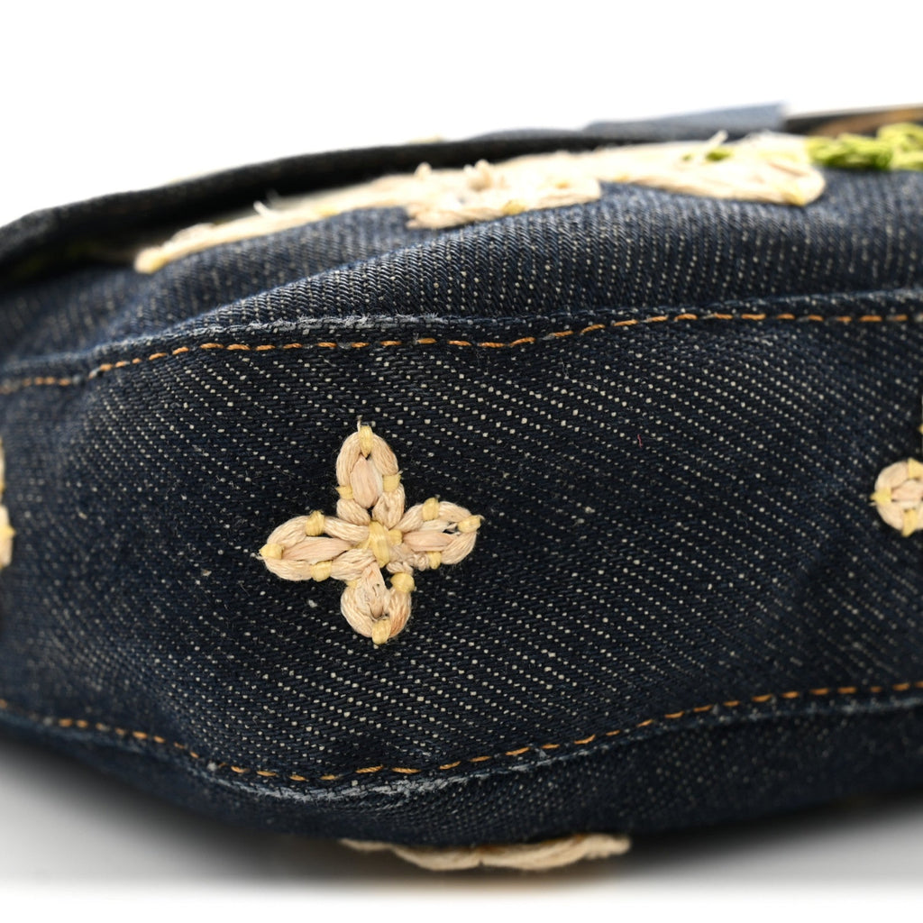 Denim Flower Applique Baguette Blue