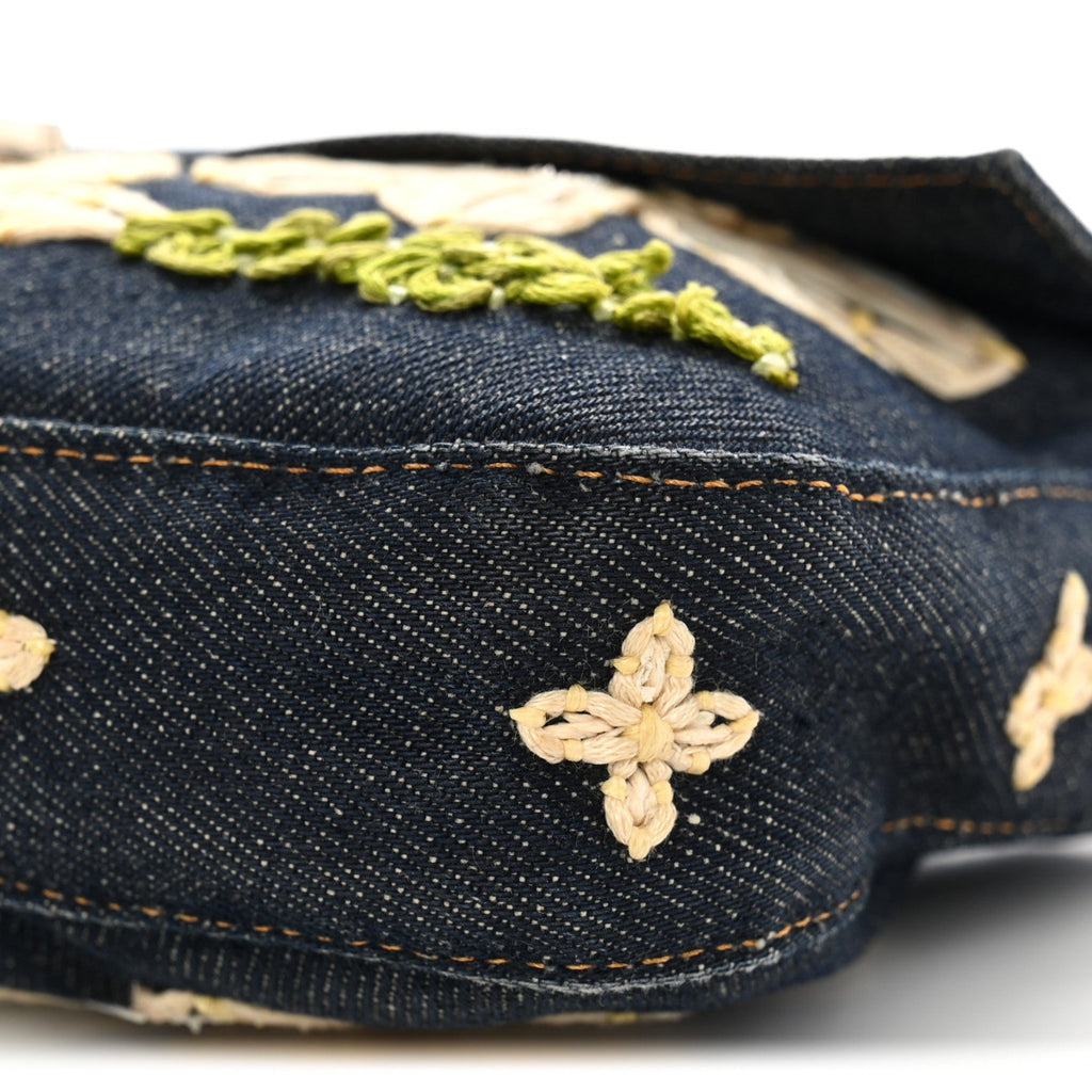 Denim Flower Applique Baguette Blue