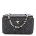 Denim Quilted Small Vanity Case With Chain Dark Blue Orange