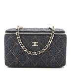 Denim Quilted Small Vanity Case With Chain Dark Blue Orange