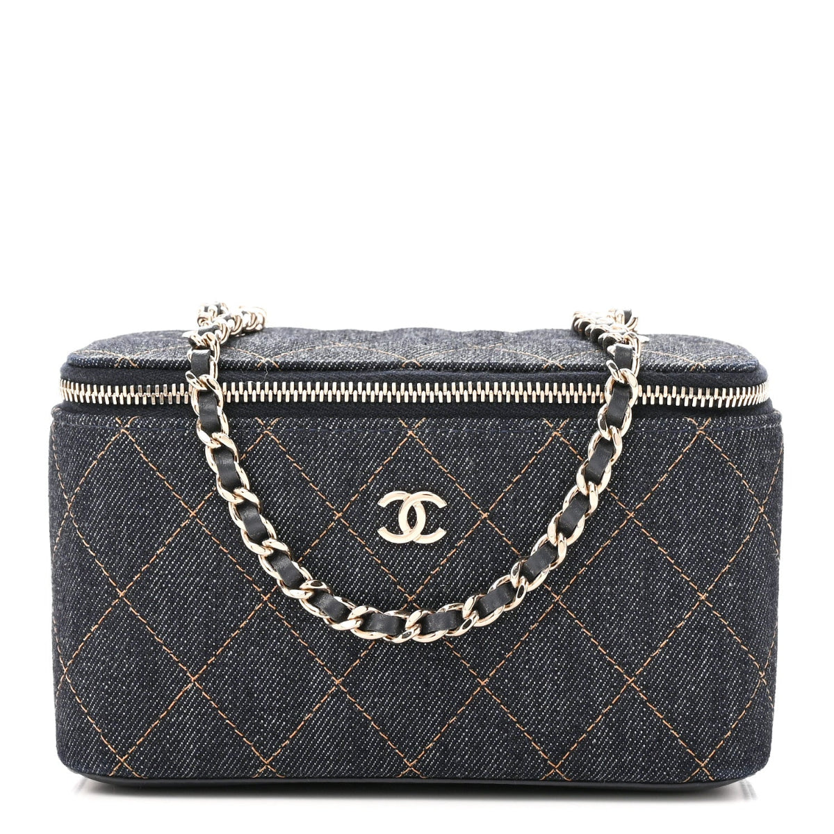 Denim Quilted Small Vanity Case With Chain Dark Blue Orange