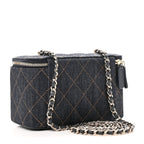 Denim Quilted Small Vanity Case With Chain Dark Blue Orange
