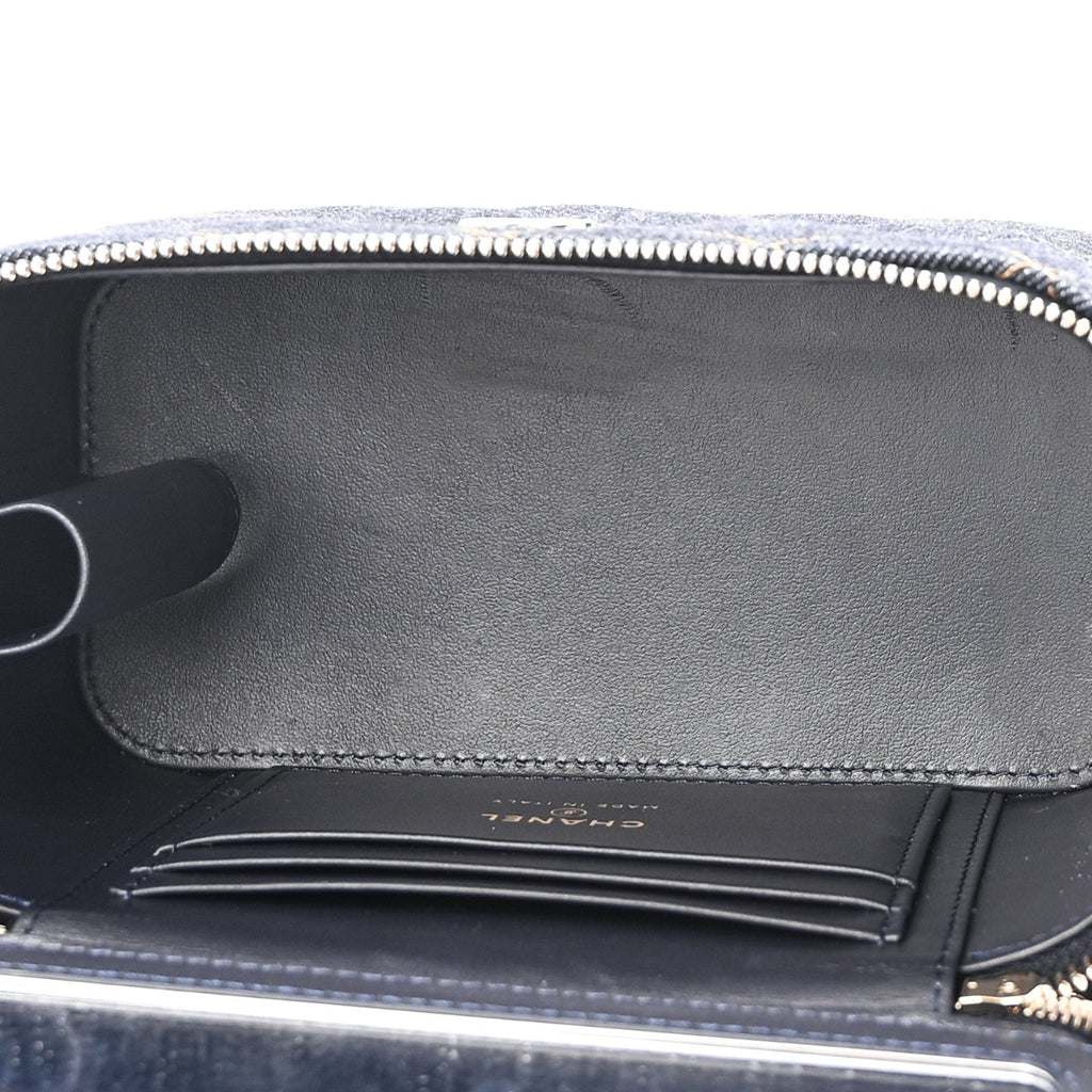 Denim Quilted Small Vanity Case With Chain Dark Blue Orange