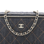 Denim Quilted Small Vanity Case With Chain Dark Blue Orange