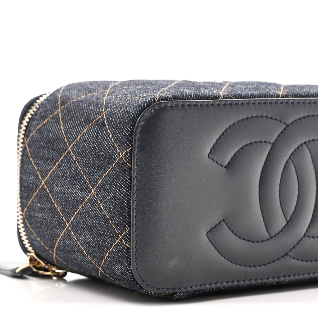 Denim Quilted Small Vanity Case With Chain Dark Blue Orange