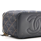Denim Quilted Small Vanity Case With Chain Dark Blue Orange