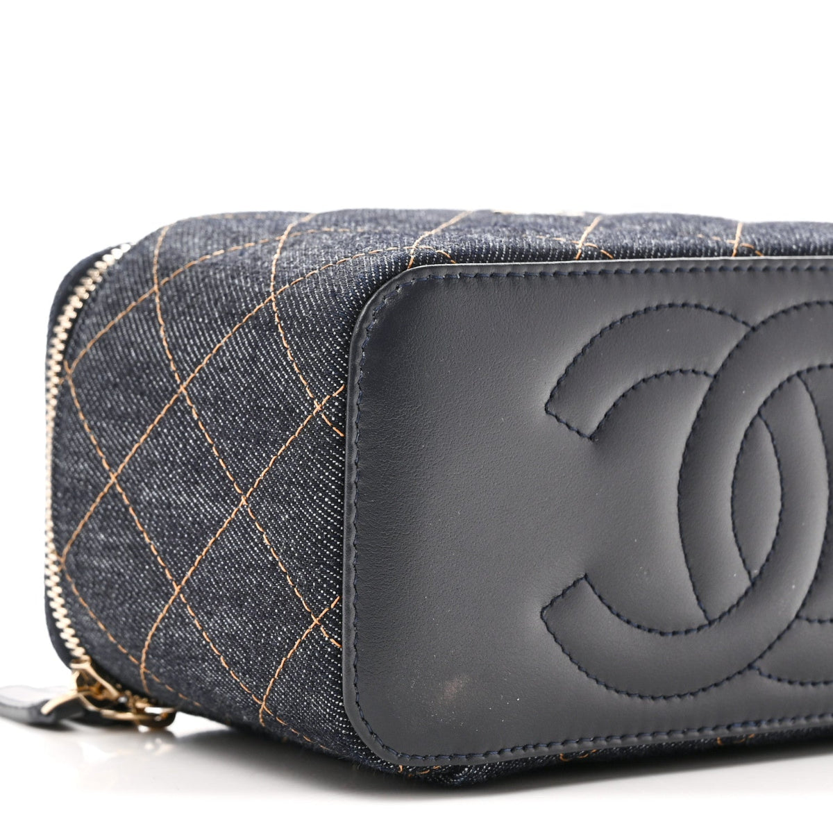 Denim Quilted Small Vanity Case With Chain Dark Blue Orange