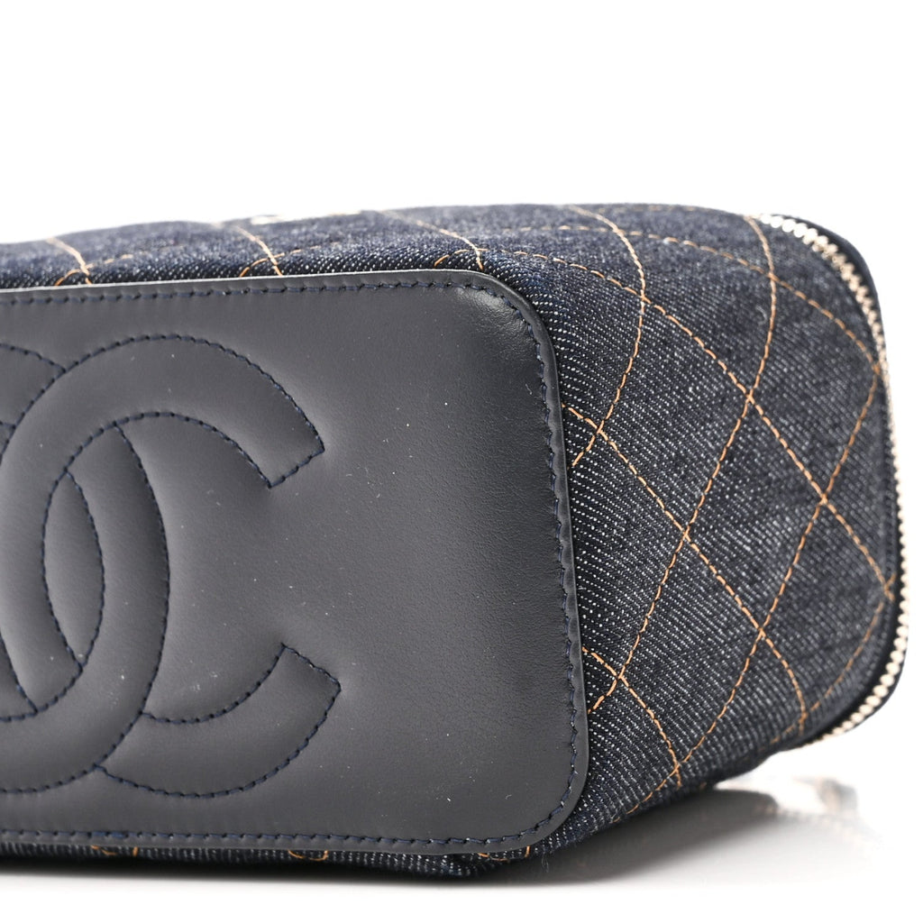 Denim Quilted Small Vanity Case With Chain Dark Blue Orange