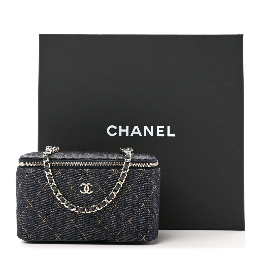 Denim Quilted Small Vanity Case With Chain Dark Blue Orange