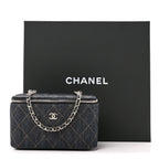Denim Quilted Small Vanity Case With Chain Dark Blue Orange