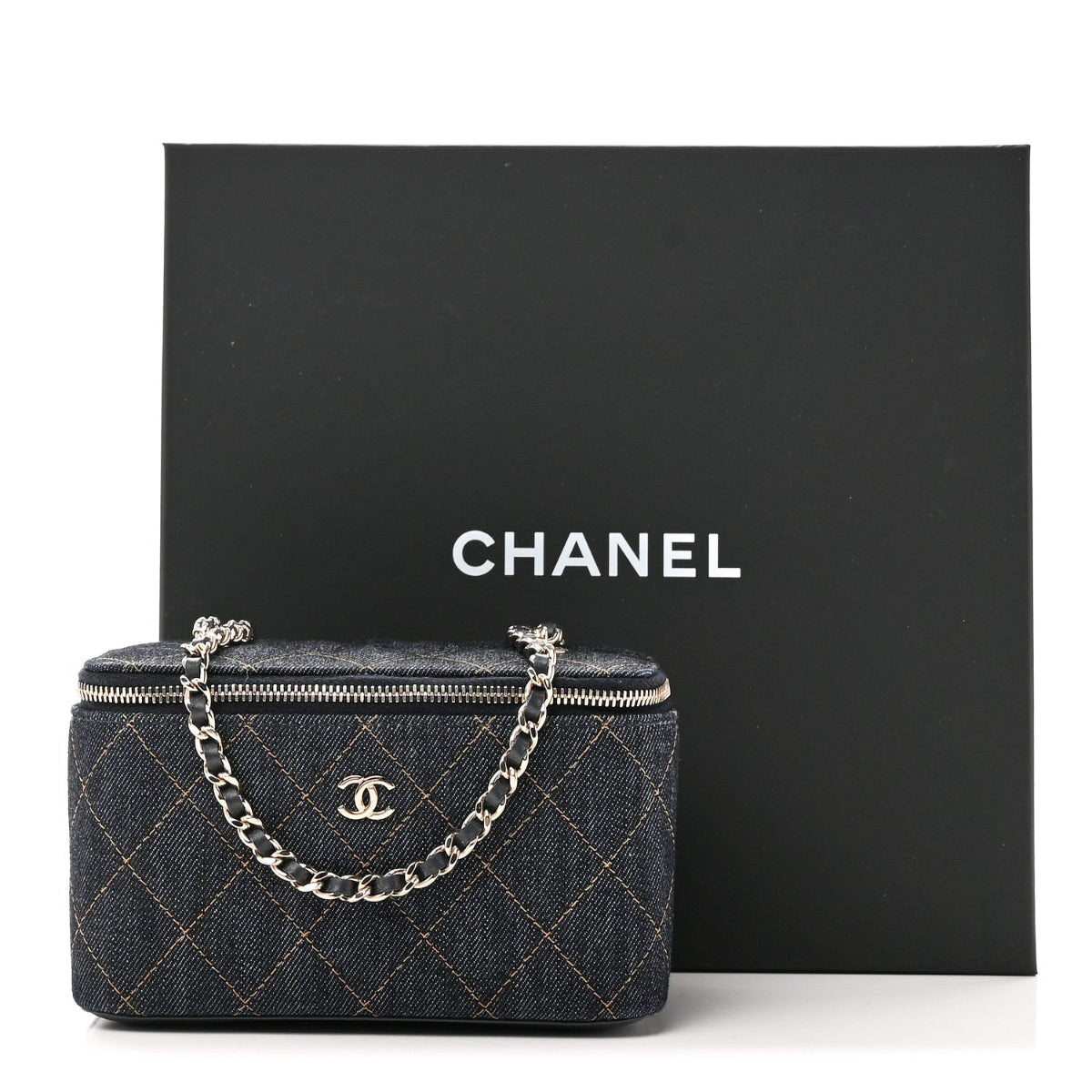 Denim Quilted Small Vanity Case With Chain Dark Blue Orange
