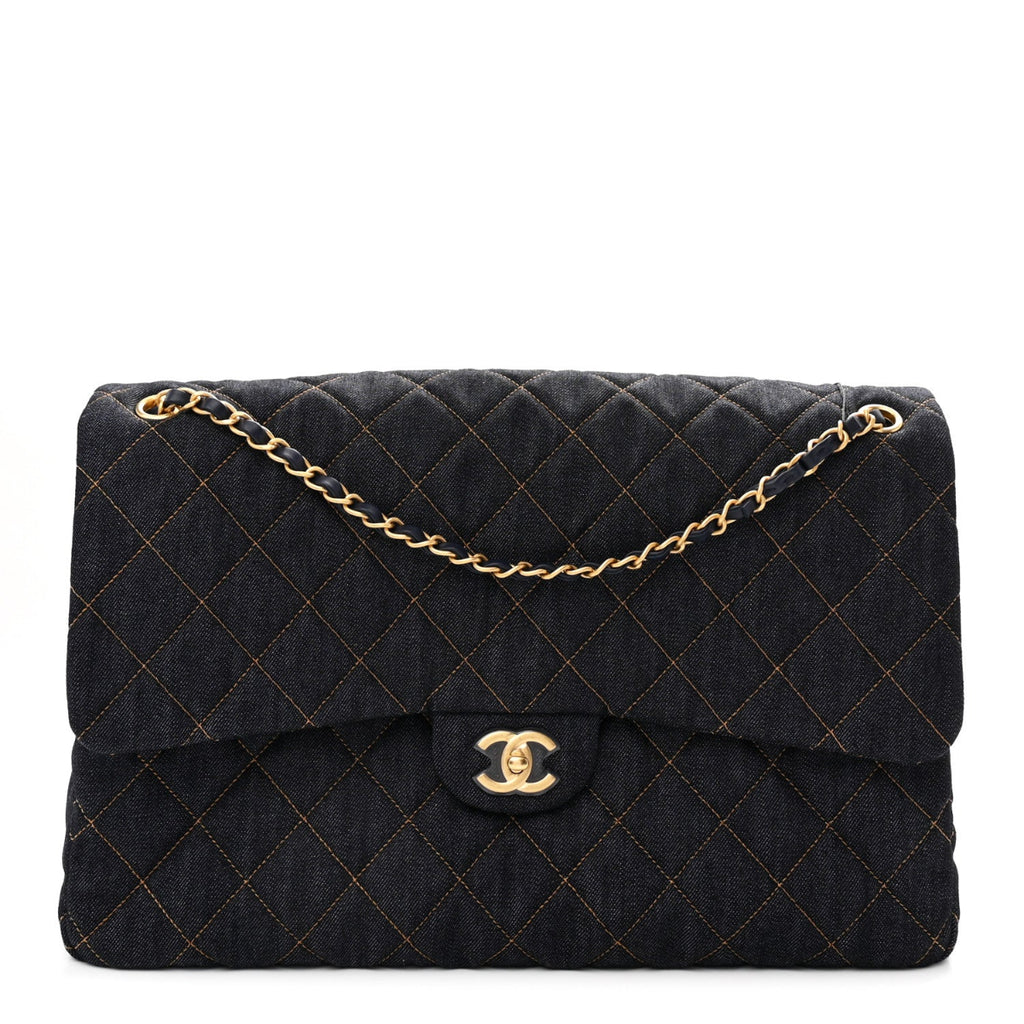 Denim Quilted XXL Travel Flap Bag Dark Blue Orange