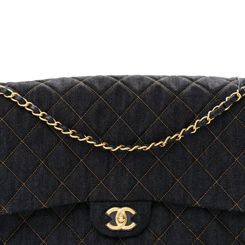 Denim Quilted XXL Travel Flap Bag Dark Blue Orange