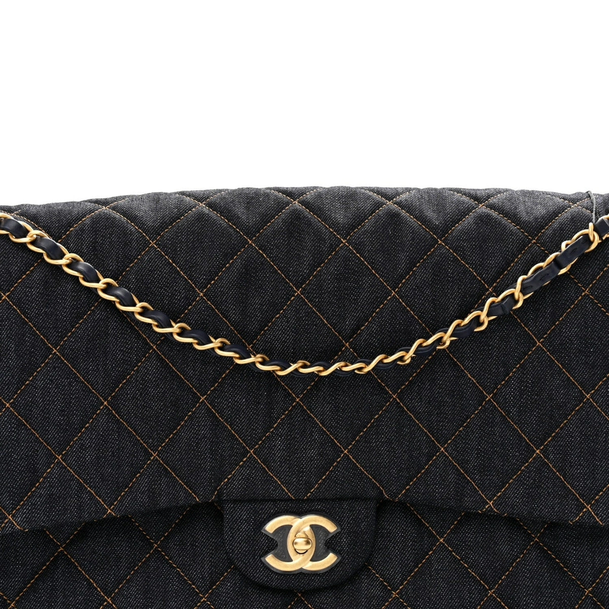 Denim Quilted XXL Travel Flap Bag Dark Blue Orange