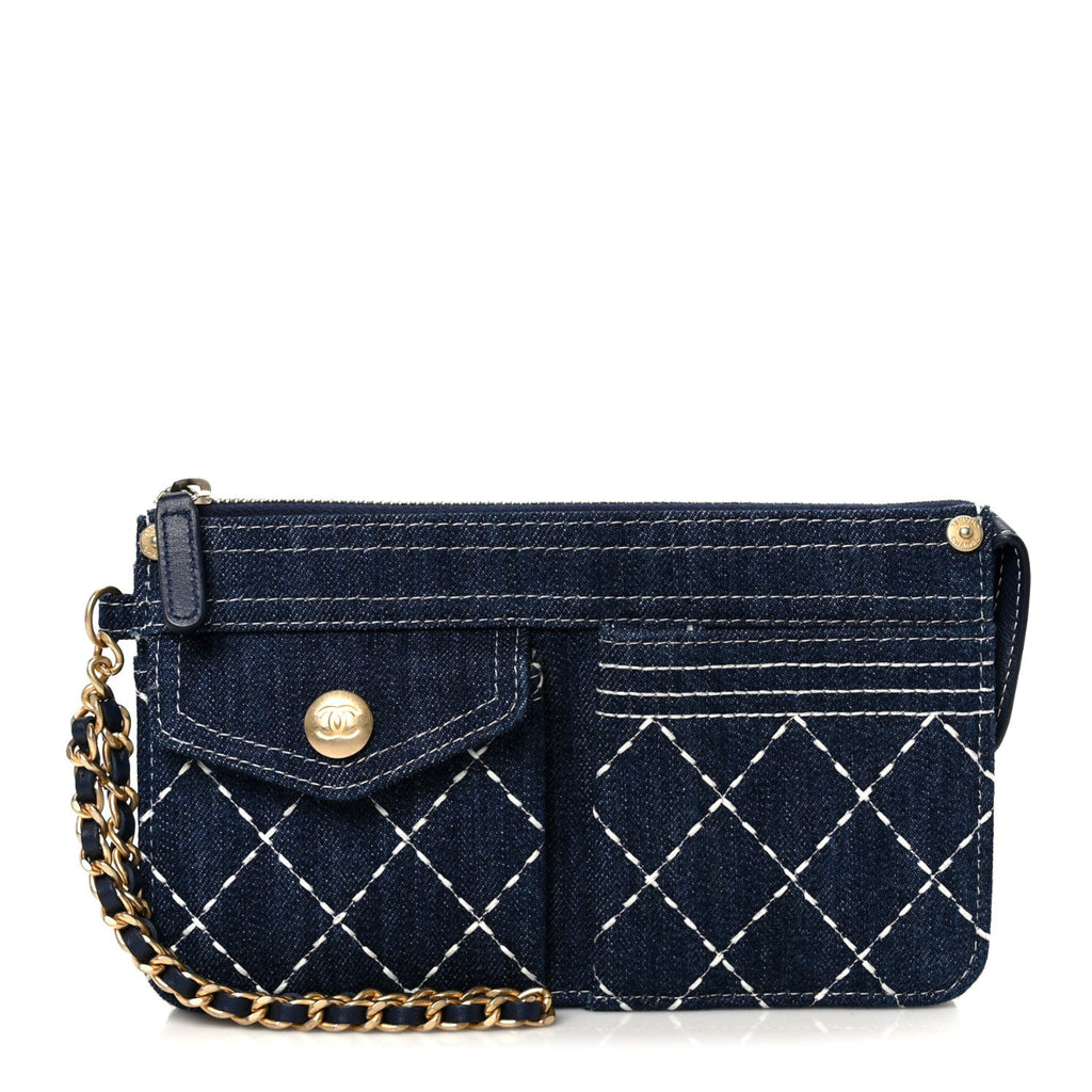 Denim Quilted Zipped Wristlet Clutch Blue