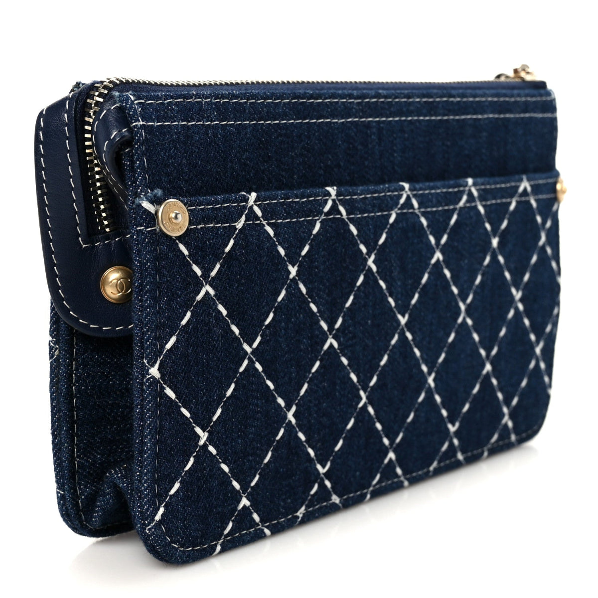 Denim Quilted Zipped Wristlet Clutch Blue