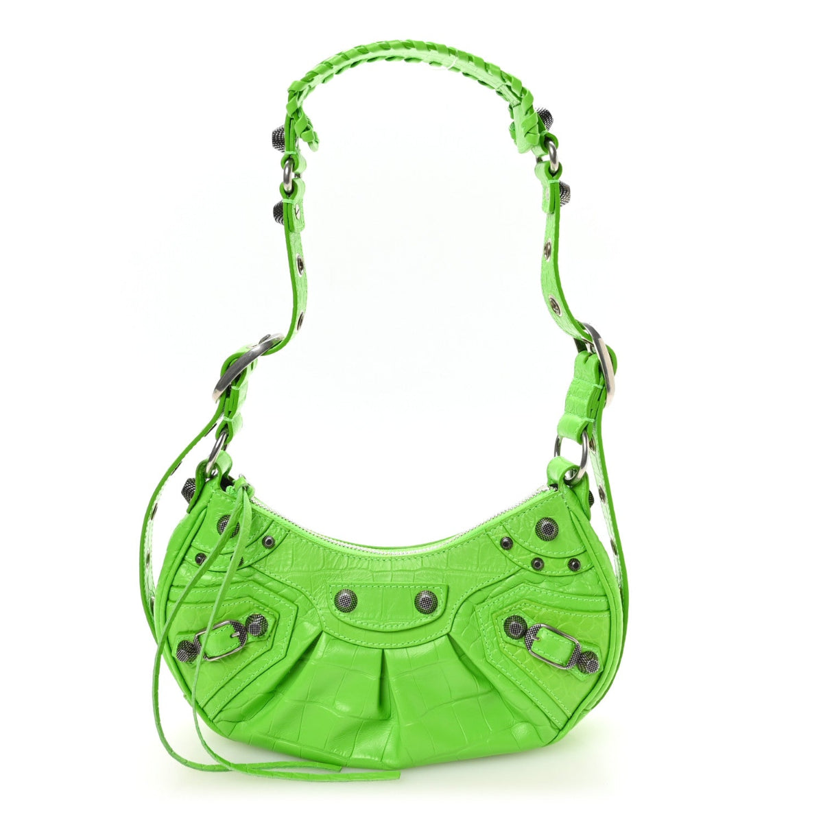 Extra Supple Calfskin Crocodile Embossed Le Cagole Shoulder Bag XS Acid Green