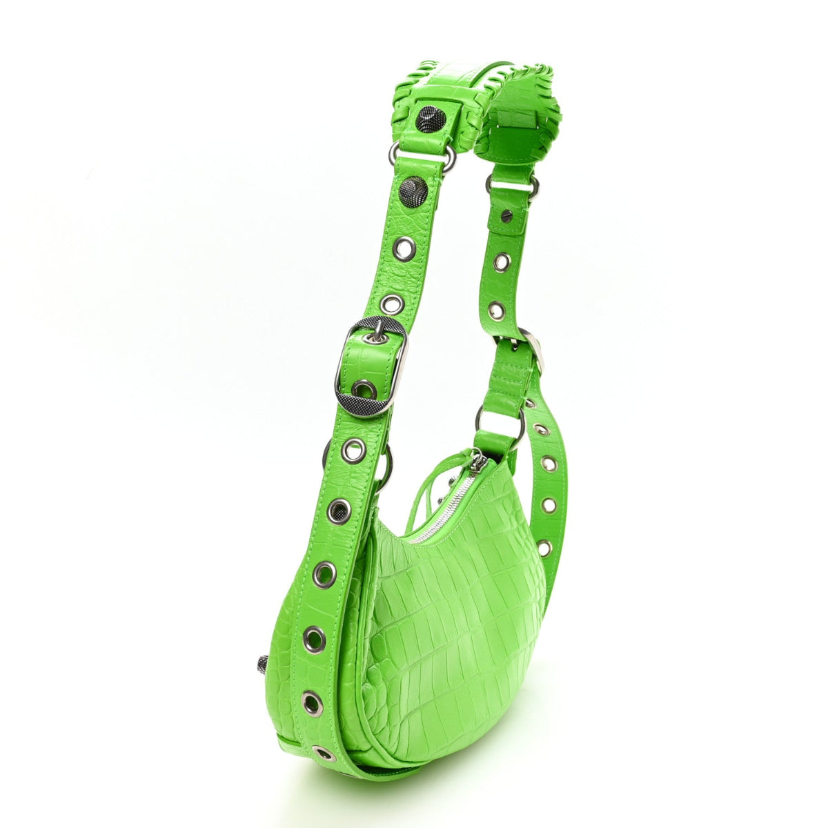 Extra Supple Calfskin Crocodile Embossed Le Cagole Shoulder Bag XS Acid Green