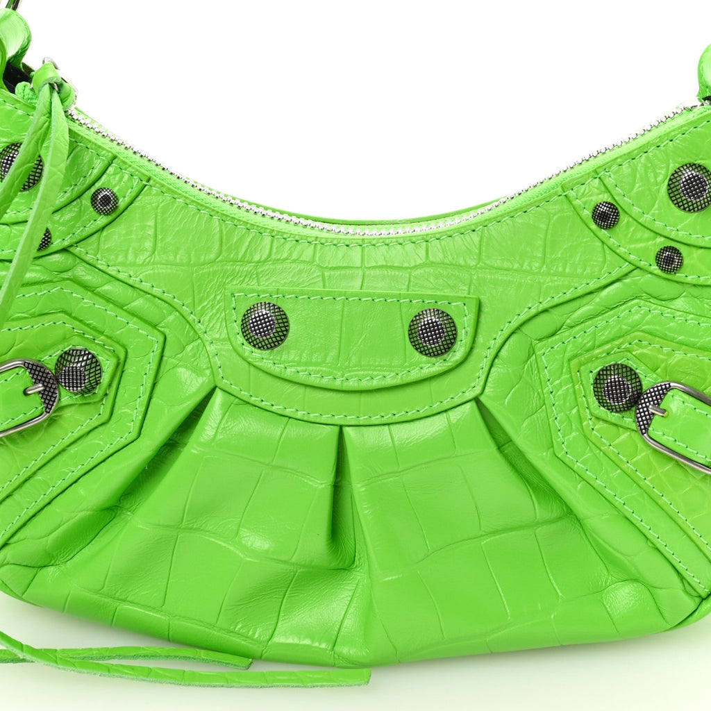 Extra Supple Calfskin Crocodile Embossed Le Cagole Shoulder Bag XS Acid Green