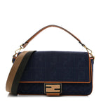Denim Vitello King FF Embroidered Large Baguette Blue Cuoio