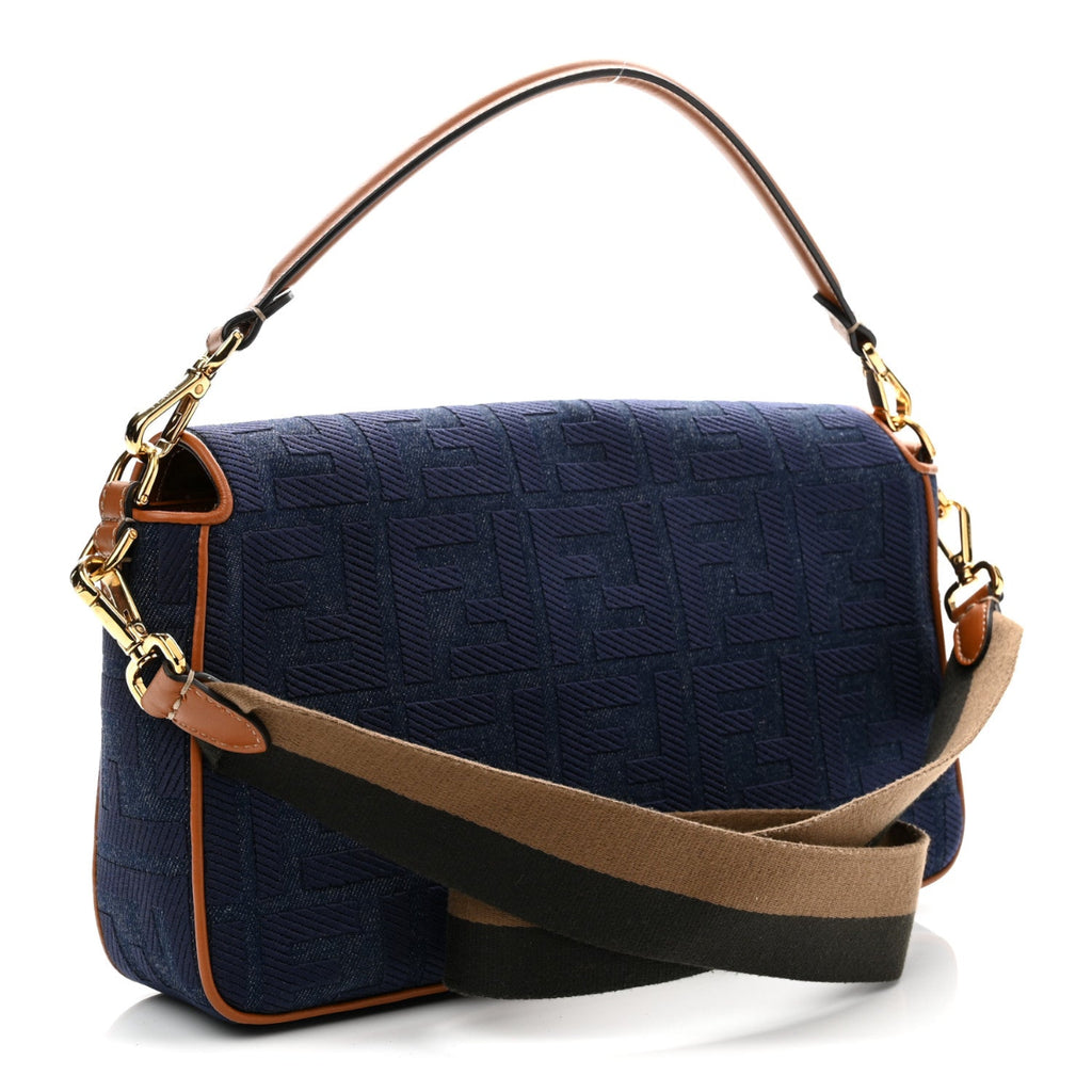 Denim Vitello King FF Embroidered Large Baguette Blue Cuoio