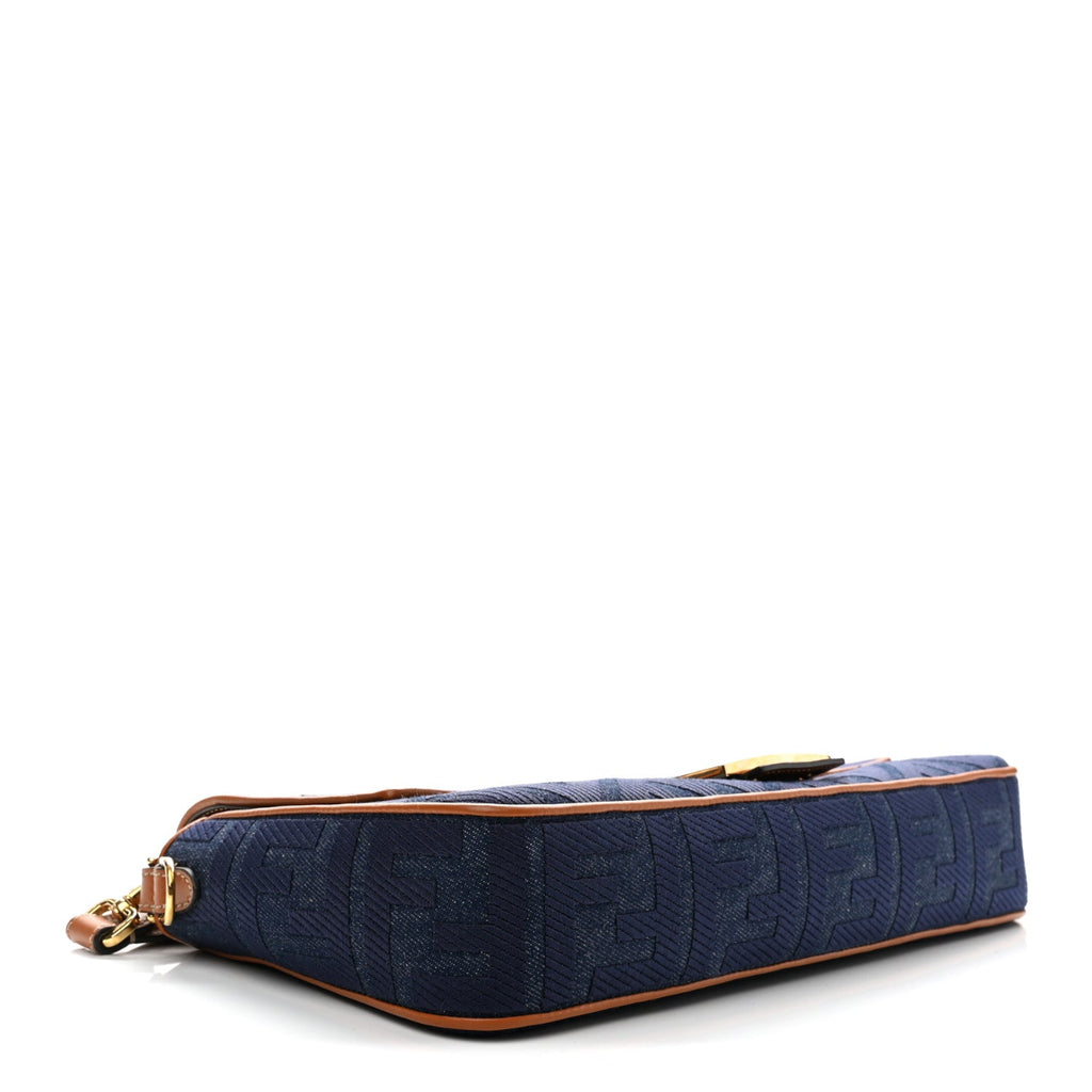 Denim Vitello King FF Embroidered Large Baguette Blue Cuoio